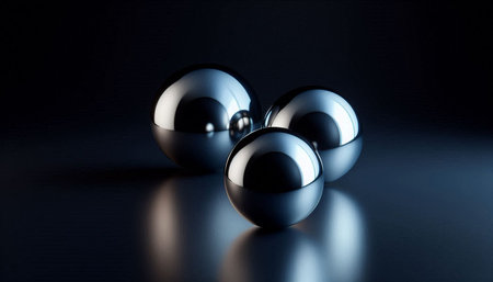 3d render of black metallic balls on dark background with reflection.