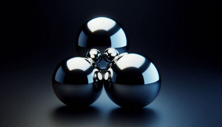 3d illustration of shiny spheres over black background. abstract background.