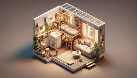 3d illustration of a room with furniture in isometric view.