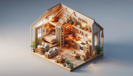 3d isometric illustration of the interior of a wooden house.