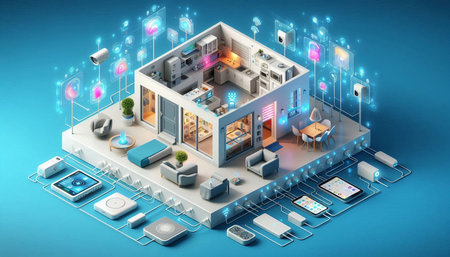 Concept of modern office with devices and devices on blue background 3d rendering