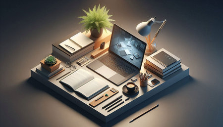 Top view of modern workplace with laptop, books, stationery and coffee cup. 3D Rendering