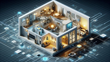 Modern house on a technological background. 3d rendering, 3d illustration.