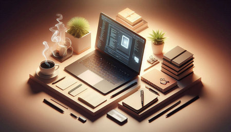 Top view of modern workplace with laptop, coffee cup, stationery and other items. 3D rendering