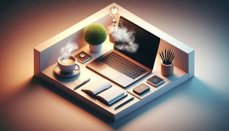Top view of modern workplace with laptop, coffee cup and other items. 3D Rendering