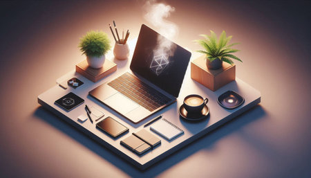 Top view of office desk with laptop, coffee cup, smartphone and other objects. 3D Rendering
