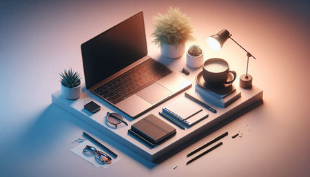 Top view of modern workplace with laptop computer, coffee cup, stationery and other items. 3D...