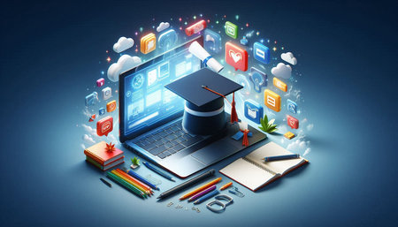 Online education concept with laptop, books, mortarboard and tablet pc