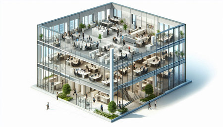 3d rendering of a modern office building with people inside isolated on white background