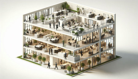 3d render of a modern office building interior with people and plants