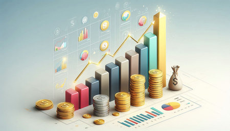 3d illustration of coins stack with business chart and graph on table