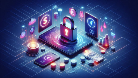 Cyber security concept with padlock and icons on blue background 3D rendering