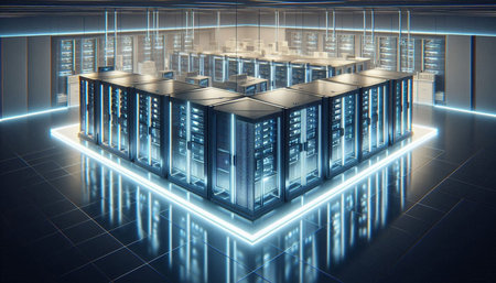 Server room data center. Backup, mining, hosting concept. 3D rendering