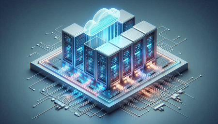 Cloud computing concept. Server in front of blue background. 3D rendering