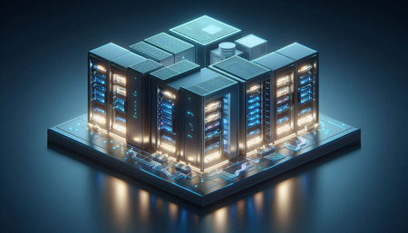 Server room data center isometric view 3d render on blue background