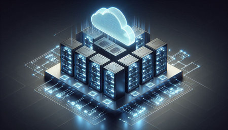Cloud computing concept. 3d rendering, toned image double exposure