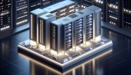 Server racks in data center, 3d render. Computer hardware technology concept