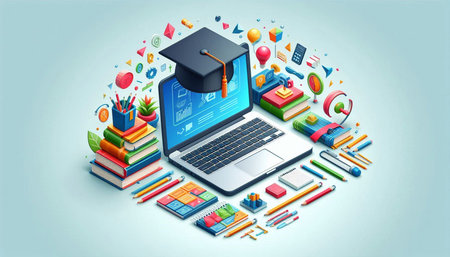 Online education concept with laptop, books, graduation cap and icons on blue background