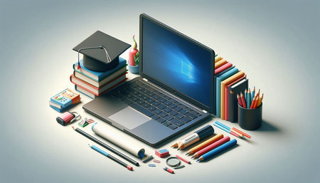 Online education concept with laptop, books and graduation cap. 3D rendering