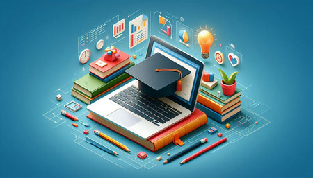 Laptop with academic cap and books on blue background, 3d illustration