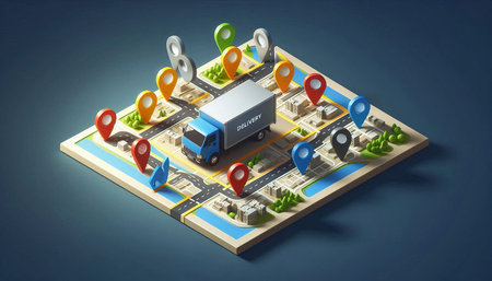 Isometric delivery truck on the map. 3d illustration in blue background