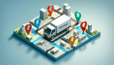 Delivery truck on the city map. 3d isometric vector illustration.