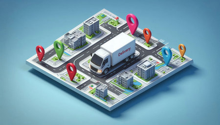 Delivery truck on the city map. 3d isometric vector illustration.