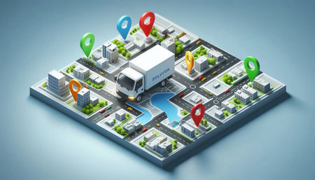 Truck delivery service on city map. 3d illustration in isometric projection