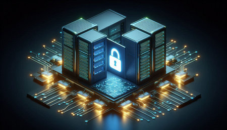 3D rendering of a server room with a padlock on it