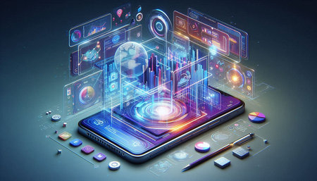 Smartphone with abstract business hologram on blue background. 3d rendering