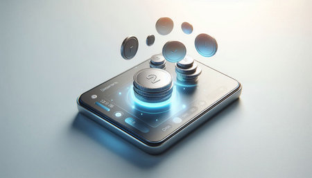 Smartphone with coin icon on screen. 3d illustration. Technology concept