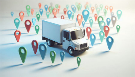 Truck and map pointers on white background. Transportation and logistics concept