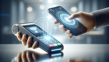 Close up of businesswoman using mobile phone with NFC technology concept. 3D Rendering