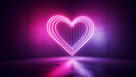 Neon heart in a dark room with neon lights. 3d renderingの写真素材