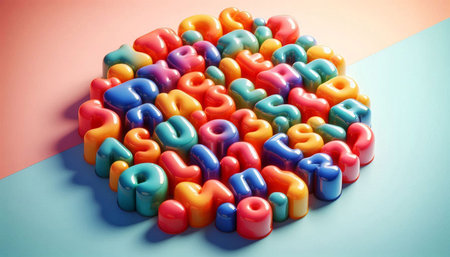 Colorful plastic alphabet on a blue and pink background. Shallow depth of field.