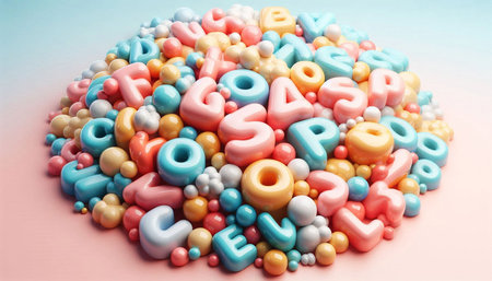Colorful candies in the form of letters on a blue background