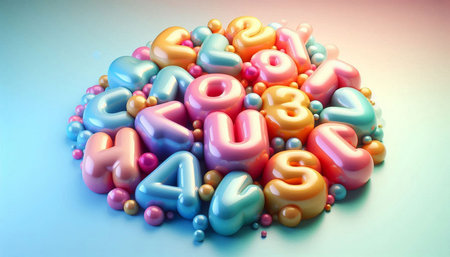 3d render of alphabet made from plasticine balls on blue background
