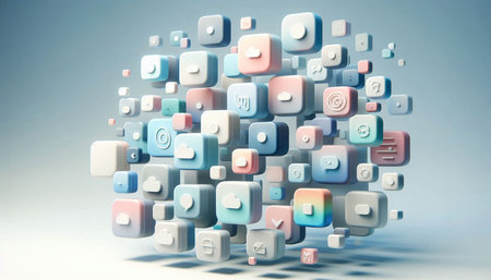 3D rendering of abstract colorful geometric shape made of cubes on white background