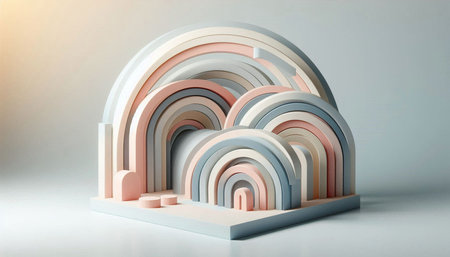 Abstract 3d rendering of minimal geometrical composition. Geometric shapes made of pastel colors.
