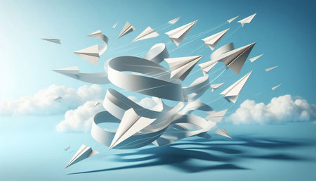 Paper planes flying in the sky. 3D rendering. Cloud computing concept.