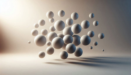 Abstract 3d rendering of white spheres with shadows on a light background