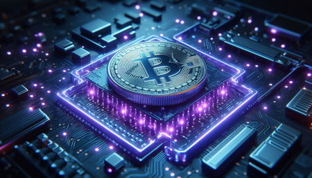 Golden bitcoin on the motherboard. Cryptocurrency concept. 3D illustration.