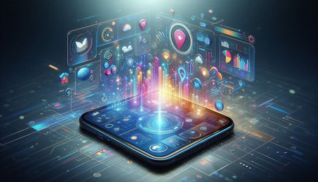 Smartphone with application icons flying over the screen. 3D rendering
