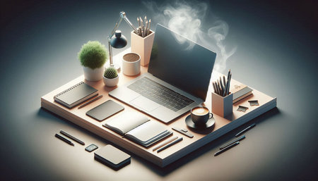 Laptop computer and office supplies on wooden table. 3D Rendering