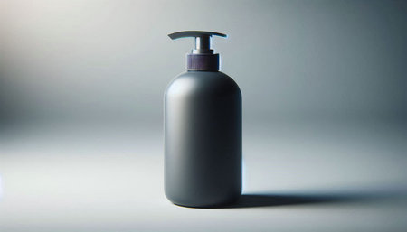 Black plastic bottle with liquid soap on white background. Shallow depth of field.の写真素材