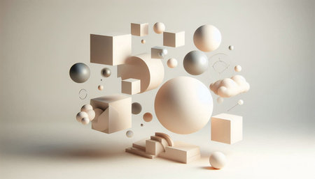 Abstract 3d rendering of geometric shapes in white studio background. Minimal composition.