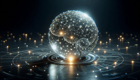 3D rendering of abstract digital globe with lines and dots on dark background