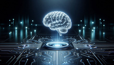 3D rendering of artificial intelligence concept. Computer circuit board with human brain