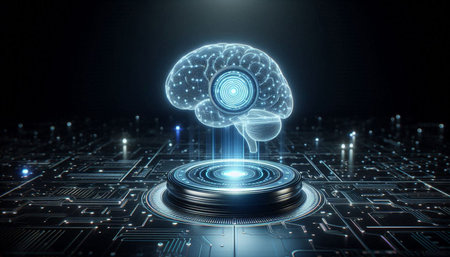 Artificial intelligence concept with human brain hologram over circuit board background 3D rendering