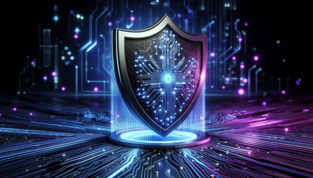 Cyber security concept with shield on circuit board background 3D rendering